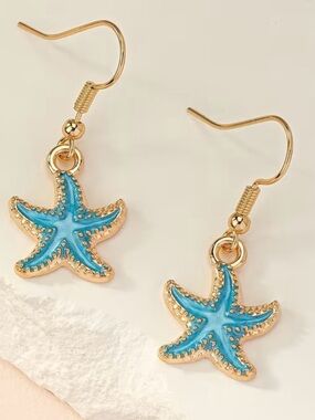 Gold-Tone Blue Starfish Dangle Earrings - Women's Beach Jewelry